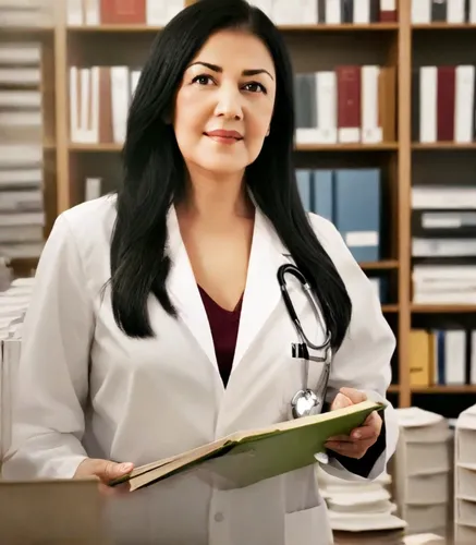 A woman with long black hair, dark brown eyes, and natural makeup,female doctor,electronic medical record,healthcare medicine,healthcare professional,medical icon,physician,health care provider,pharma