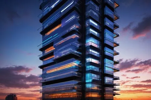 Futuristic skyscraper, evolving architecture, transforming facade, changing seasons, day-night cycle, dynamic LED lighting, shifting geometric shapes, adaptive materials, reflective glass, metallic ac