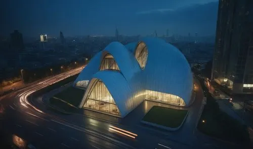 the prize award futuristic form architecture in the city, freeform concrete shell , glass window with light through the windows ,  city view , night time after the rain  , add people activities around