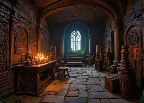 Fantasy, mysterious, ancient ruins, crumbling stone structures, vines crawling up walls, mystical artifacts, magical energies, glowing runes, leather-bound tomes, worn-out scrolls, dimly lit chamber, 