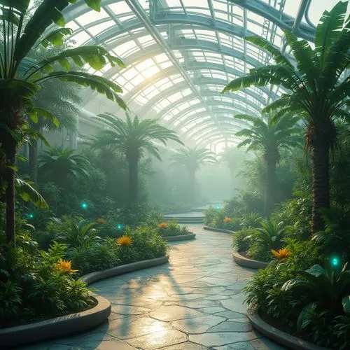 Futuristic greenhouse, lush tropical vegetation, misty atmosphere, hydroponic systems, aerodynamic curves, transparent domes, solar panels, ambient lighting, natural stone pathways, futuristic benches