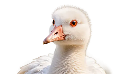 cute goose, white feathers, orange beak, big round eyes, fluffy head, soft neck, plump body, tiny wings, webbed feet, grassland, morning dew, warm sunlight, close-up shot, shallow depth of field, past