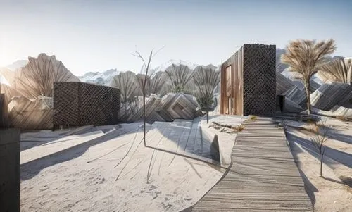 cube stilt houses,3d rendering,dunes house,desert landscape,caravanserai,archidaily,desert desert landscape,floating huts,virtual landscape,qasr azraq,mirror house,stone desert,landscape design sydney,render,corten steel,arid landscape,desert plants,dubai desert,landscapre desert safari,cubic house,Architecture,General,Modern,Elemental Architecture