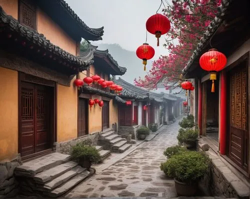 chinese architecture,suzhou,chinese lanterns,xi'an,chinese temple,narrow street,lanterns,china,red lantern,chinese art,beijing,yunnan,asian architecture,chinese background,hanging temple,forbidden palace,guizhou,chinese clouds,huashan,junshan yinzhen,Illustration,Realistic Fantasy,Realistic Fantasy 45