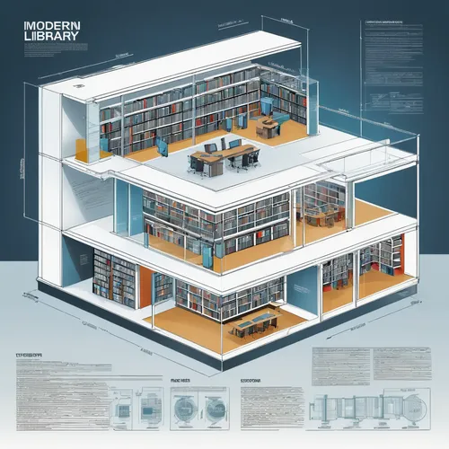 poster of a modern library, technical Schematics viewed from front and side,digitization of library,school design,library,bookshelves,celsus library,bookstore,multistoreyed,reading room,book electroni