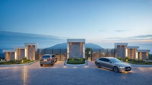 Realistic render of the main gate of the resort with an up ramp going towards hotel lobby,two luxury cars are existing the main gate,fresnaye,residencial,amanresorts,niteroi,muizenberg,lefay,Photograp