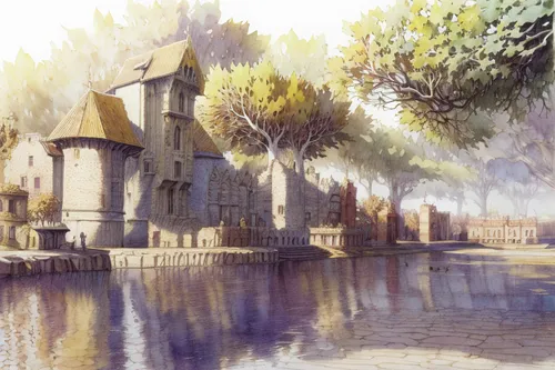 village fountain,medieval town,fountain of the moor,village scene,l'isle-sur-la-sorgue,knight village,city fountain,delft,moor fountain,fountain pond,city moat,ancient city,church painting,aurora village,venice square,medieval street,venetian,canals,medieval,grand canal