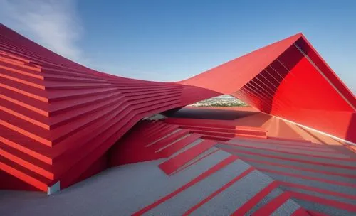 Red architecture ,a red structure with lots of steps next to it,libeskind,bjarke,tschumi,siza,red roof,tempodrom,Photography,General,Realistic