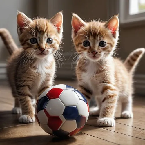 The two kittens are very cute. They are wearing the England football team's Three Lions jerseys and they are stepping on a football, which is the football for the 2024 European Cup.,kits,kittens,socce