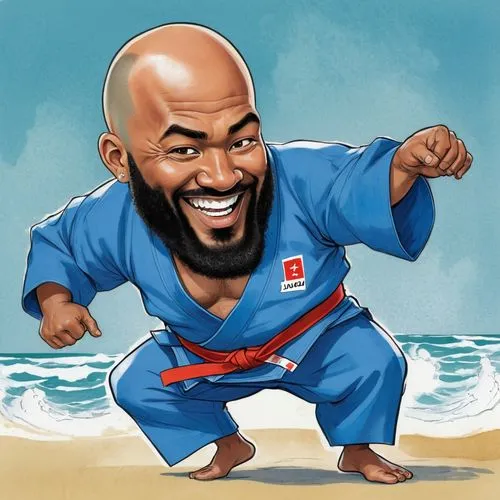 un judoka carribbéen de 141 kilogrammes et 35 ans, chauve avec une barbe et portant un kimono bleu,a caricature picture of a man with a beard,bomani,kambli,kanoute,kimbo,serero,judoka,ikechukwu,chukwu