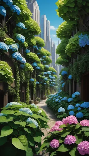 mushroom landscape,hydrangeas,futuristic landscape,terraforming,valerian,tunnel of plants,cartoon forest,flowering plants,environment,aurora village,tree grove,biome,forest of dreams,spring garden,heavy object,plants,fantasy landscape,green garden,hydrangea,blooming field,Art,Classical Oil Painting,Classical Oil Painting 11