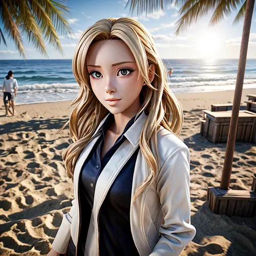 On a beach, on a sunny day, with the sun rising ,beach background,sanya,beach scenery,anime 3d,realdoll,kotobukiya,umbrella beach,beach walk,on the beach,seaside,coconuts on the beach,beautiful beach,