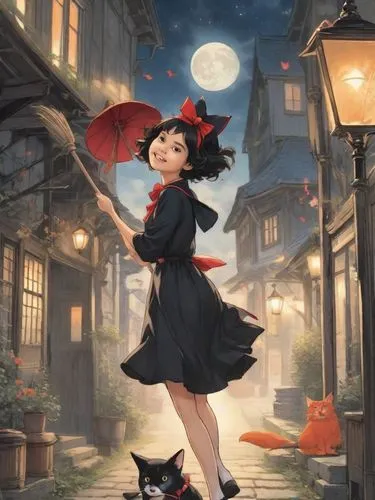 mary poppins,little red riding hood,red riding hood,studio ghibli,little girl with umbrella,alice,fantasy picture,fairy tale character,girl with dog,little girl in wind,rockabella,cheshire,flying girl