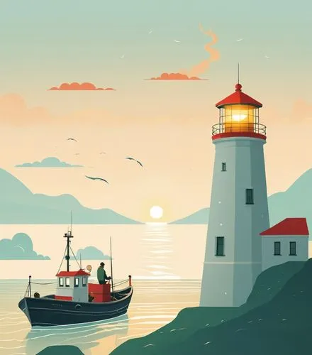 兩個漁夫在漁船上，經過遠方發亮的燈塔, 可愛,a painting of two lighthouses and a small boat in the water,lighthouse,lighthouses,red lighthouse,light house,electric lighthouse,maine,Illustration,Vector,Vector 05