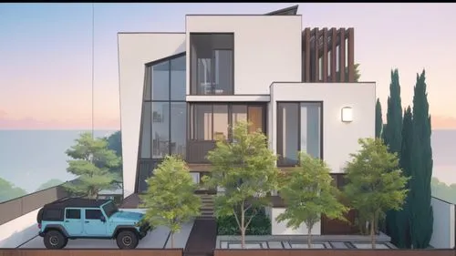 the front of the house that is very tall and has many trees on both sides,fresnaye,modern house,smart house,inmobiliaria,cubic house,vivienda,Anime,Anime,Traditional