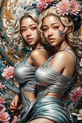 twin flowers,reinas,mirror image,empresses,chicanas,priestesses,rhinemaidens,viveros,porcelain dolls,companias,damsels,tretchikoff,gemini,asiaticas,fantasy art,doppelganger,maidens,tsuneo,canonesses,two girls