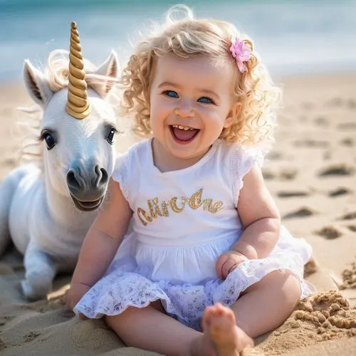 An adorable unicorn, on a sandy beach , sitting near her is a cute baby girl, with curly blond hair, big blue eyes, she is laughing at the unicorn ,golden unicorn,playing in the sand,unicorn backgroun