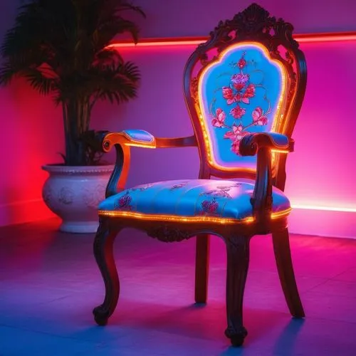 a glowing chair in the middle of an empty room,pink chair,throne,the throne,floral chair,lachapelle,defence,chaise lounge,neon light,chair,uv,armchair,chair png,neon ghosts,neon lights,garrison,neon c