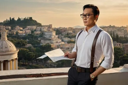 Daniel Wu, mature architect, standing, confident posture, black-framed glasses, short dark hair, trimmed beard, white dress shirt, black trousers, leather belt, black oxford shoes, holding blueprints,