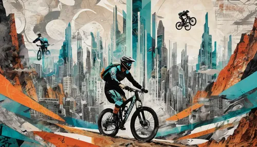 Imagine an intense mountain biking competition in a futuristic cityscape.,artistic cycling,cyclist,bicycle racing,bicycling,cycling,bicycle,cyclists,cyclo-cross bicycle,bike city,bike land,road cyclin