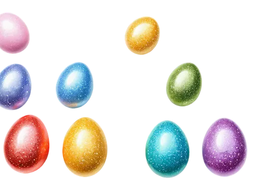 Transparent Easter clip art, colorful eggs, glitter decorations, pastel colors, shiny surface, detailed textures, round shapes, delicate patterns, soft focus, warm lighting, 3/4 composition, whimsical