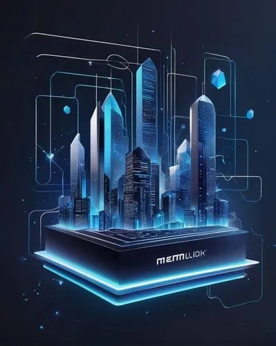 Modern, minimalistic, futuristic MVVM architecture diagram, blue and white color scheme, glowing neon lines, complex network of interconnected components, sleek 3D models of computers and servers, fut