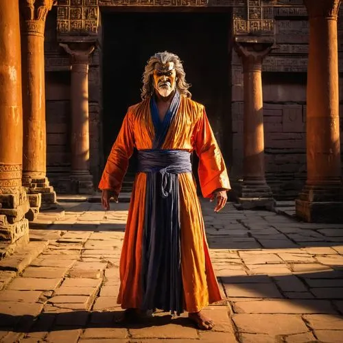 As the sun begins to set, the ancient temple stands still as the light of the setting sun casts a vibrant glow over the ancient walls. The shadows above the man's face dance with the heat of the setti