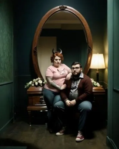 a tall oval mirror hangs on the wall. standing behind the woman's left side, is the dark shape of a tall man with horns.,the man and woman are sitting down in the hallway,couple goal,gay couple,pareja