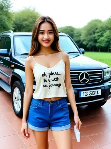 Oh please, I need you to take me with you on your great journey!,a girl in shorts stands by a truck,mercedescup,mercedes benz,mercedez,daimlerbenz,mercedes,mercedes star