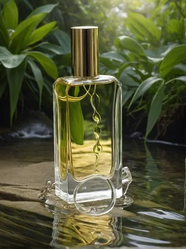 a green leaf in a glass bottle of water,parfum,natural perfume,scent of jasmine,fragrance,perfume bottle,parfumerie,Photography,General,Natural