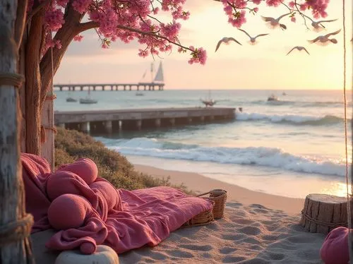 beach furniture,pink beach,beachfront,dream beach,beach scenery,wood and beach,beach landscape,bench by the sea,beautiful beach,beautiful beaches,beach chairs,beach hut,pink chair,seaside country,beachside,seclude,seaside view,seaside,oceanfront,beach chair,Photography,General,Realistic