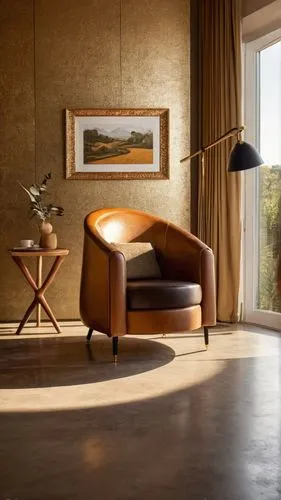 As the sun sets in a cozy study, a cozy armchair with intricate wooden panels adorned with intricate carvings and a curved chair sits amidst a cozy reading nook. The chair is a comfortable blend of le