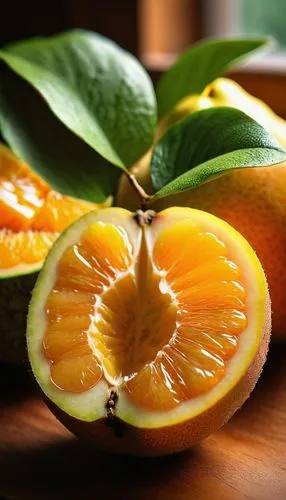 Exotic pearnana, tropical fruit, vibrant orange-yellow skin, green leaves, juicy pulp, realistic texture, detailed veins, wooden table, kitchen counter, morning sunlight, warm lighting, shallow depth 