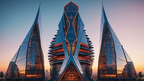 a tall building is surrounded by several large cones,futuristic architecture,gerkin,sauron,largest hotel in dubai,batumi,dubay,Photography,General,Sci-Fi