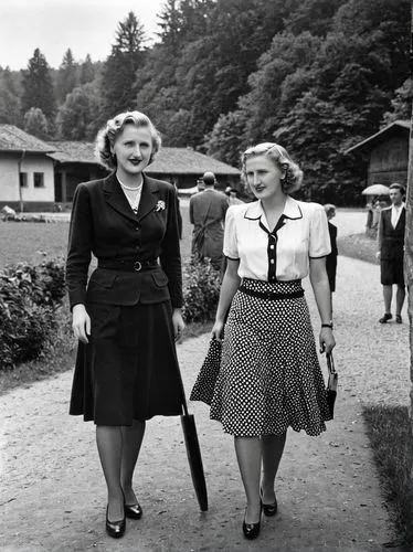 Eva Braun, 1940 zu Besuch in Unterhausen bei Reutlingen.,two woman dressed in vintage clothing with umbrellas walk together,1940 women,zetterlund,13 august 1961,riefenstahl,berghof,mauthausen,Photogra