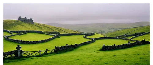 Rural Irish landscape, rolling green hills, cloudy blue sky, solo, scenic, (morning), misty atmosphere, ancient stone walls, wildflowers blooming, Celtic crosses, moss-covered ruins, winding country r