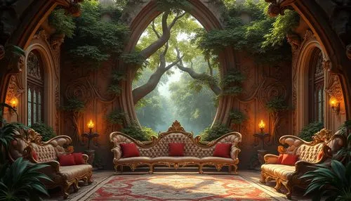 fantasy picture,alcove,fantasy art,ornate room,3d fantasy,fantasy landscape,rivendell,enchanted forest,dandelion hall,background design,fairy tale,redwall,storybook,a fairy tale,sitting room,sanctuary,garden of eden,world digital painting,sanctum,tapestry,Photography,General,Realistic