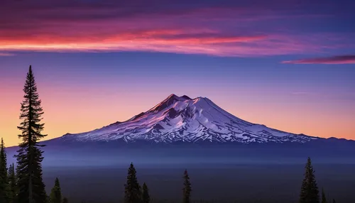 Describe the serene beauty of Mt. Shasta at sunrise.,mount hood,mt hood,mount rainier,rainier,mt rainier,mountain sunrise,oregon,kirkjufell,washington state mt st helens,volcanic landscape,washington 