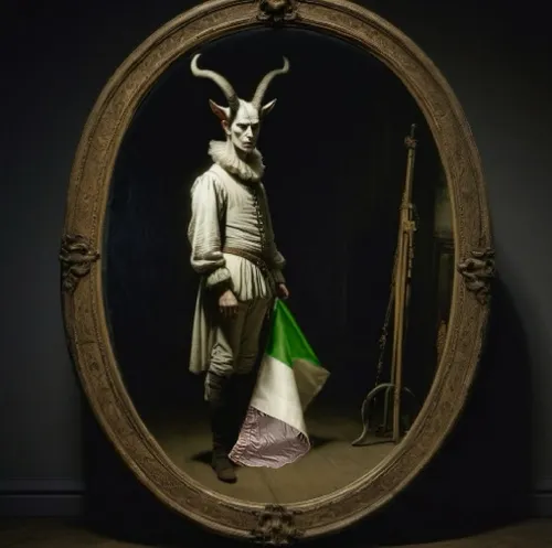 a portrait of a person wearing an old fashioned white coat, standing in front of an antique mirror,cernunnos,paper art,bartok,magic mirror,vladislaus,nosferatu