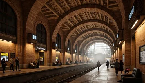 Historic underground metro station, rustic stone walls, arched ceilings, grand ornate columns, intricate brick patterns, textured stonework, earthy color palette, warm ambient lighting, atmospheric mi