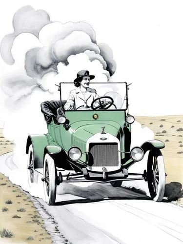 Pen drawing: Mrs. Clara Jane Ford is at the center of the action. She is driving a Ford (Model T) through a Texan landscape, its dark green paint reflecting the bright sunlight. The intricate details 