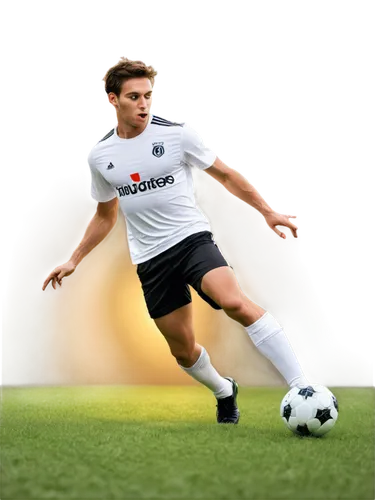 Male athlete, footballer, athletic build, muscular legs, green grass stadium, shiny soccer ball, white jersey, black shorts, sports shoes, dynamic pose, kicking action, intense facial expression, swea