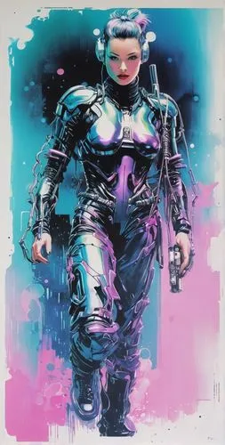 cyberpunk, vaporwave, syfy, 1990,an image of a woman with a gun,cyberdog,cyberangels,cybernetic,cybernetically,cyberpunks,cyberstar,Art,Artistic Painting,Artistic Painting 24