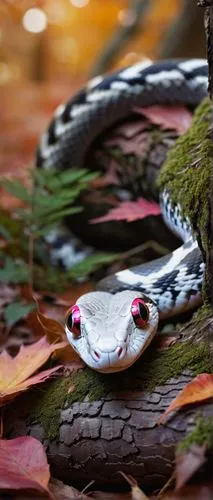 Fluffy snake, serpent body, white fur, pink nose, big round eyes, curled up, sleeping, forest floor, autumn leaves, wooden log, morning sunlight, soft focus, warm color tone, shallow depth of field, c