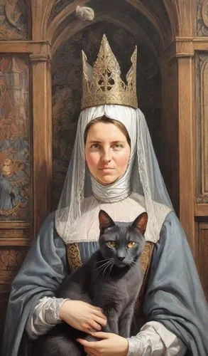 woman in a medieval dress of the 14th century, painting of a woman with a cone on her head+++, Renaissance, neo-Gothic+++, (dark gray cat of the British breed in the hands of a woman: 1.5+++), Jean Ch