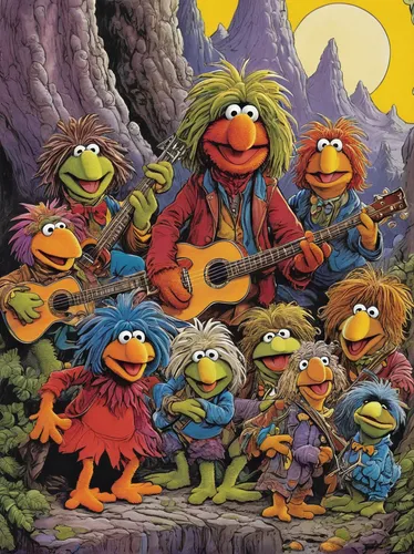 the muppets,sesame street,cavaquinho,monkeys band,halloween poster,musicians,pied piper,singing sand,ernie,halloween owls,puppets,bert,crying birds,orchesta,children's background,songbirds,orchestra,musical ensemble,singers,guitar solo,Illustration,Black and White,Black and White 10