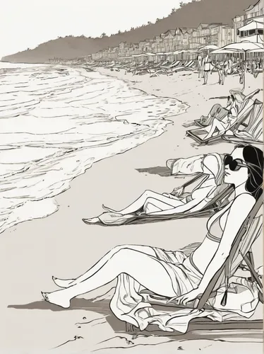 fashion illustration,summer line art,lido di ostia,seaside,art deco woman,book illustration,vintage illustration,vintage drawing,the beach pearl,sun-bathing,beach furniture,beach goers,viareggio,roaring twenties couple,people on beach,cool woodblock images,summer beach umbrellas,deckchair,drawing course,hand-drawn illustration,Illustration,Black and White,Black and White 02