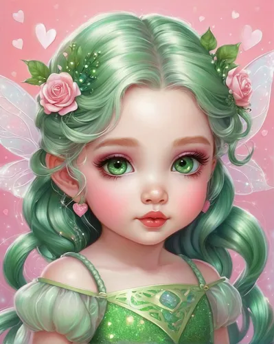 little girl fairy,rosa 'the fairy,rosa ' the fairy,child fairy,flower fairy,faery,fairy queen,fairy,mint blossom,eglantine,faerie,fairy tale character,fae,fantasy portrait,green mermaid scale,evil fairy,garden fairy,cupido (butterfly),doll's facial features,spring leaf background,Conceptual Art,Fantasy,Fantasy 03