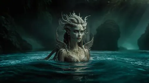 water nymph,water creature,merfolk,siren,rusalka,ice queen,god of the sea,submerged,fantasy picture,the blonde in the river,the enchantress,poseidon,under the water,sea god,tiber riven,elven,fantasy portrait,water lotus,fantasy art,sorceress