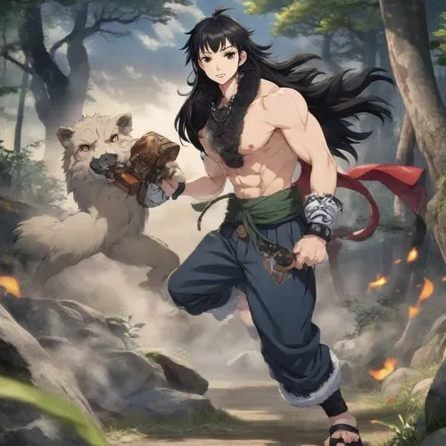 Ａ宇宙中戰鬥,a young male anime character in a forest with two animals,inuyasha,kaisar,kurenai,muramasa,yamantaka,ghazan